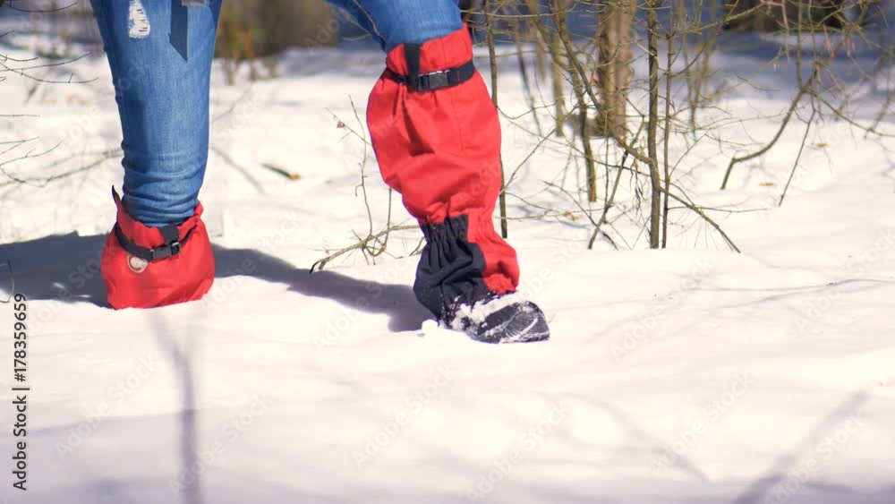 Hiker legs walking through a deep snow. Hiker legs walking through a deep snow.