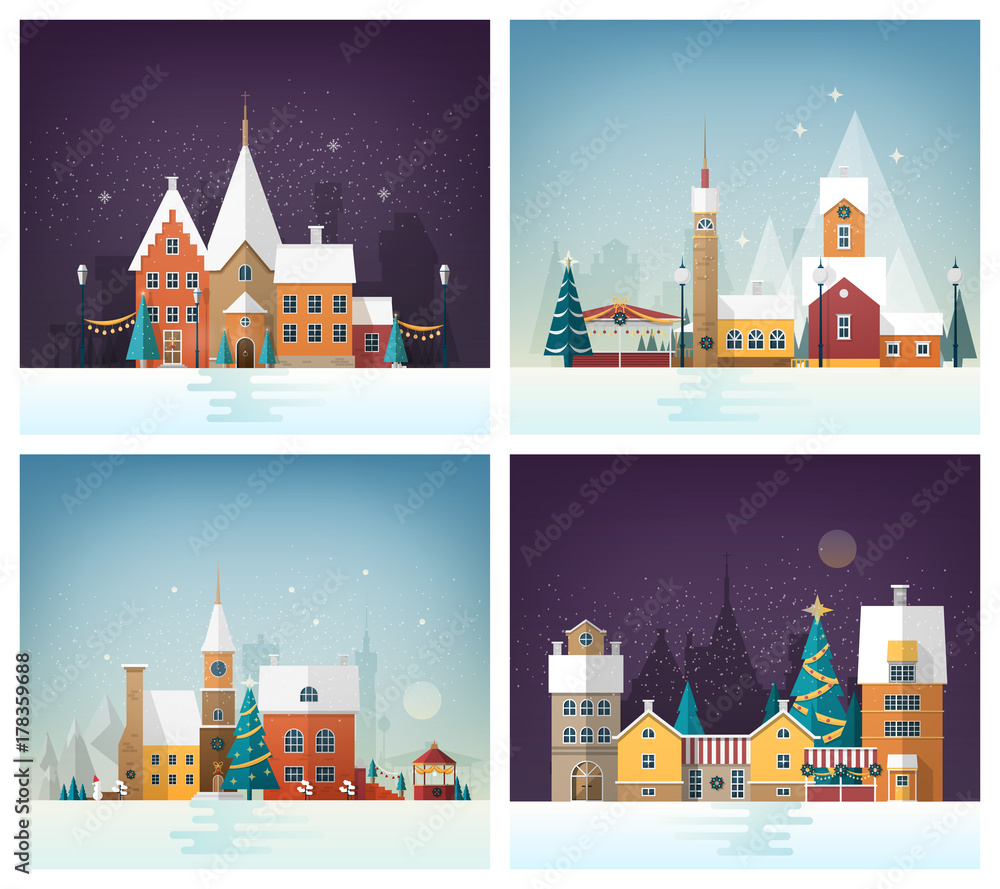 Collection of winter cityscapes or urban landscapes with holiday street decorations and decorated buildings. City or town in New Year or Christmas eve. Festive vector illustration in flat style.