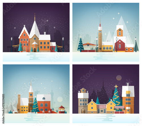 Collection of winter cityscapes or urban landscapes with holiday street decorations and decorated buildings. City or town in New Year or Christmas eve. Festive vector illustration in flat style.