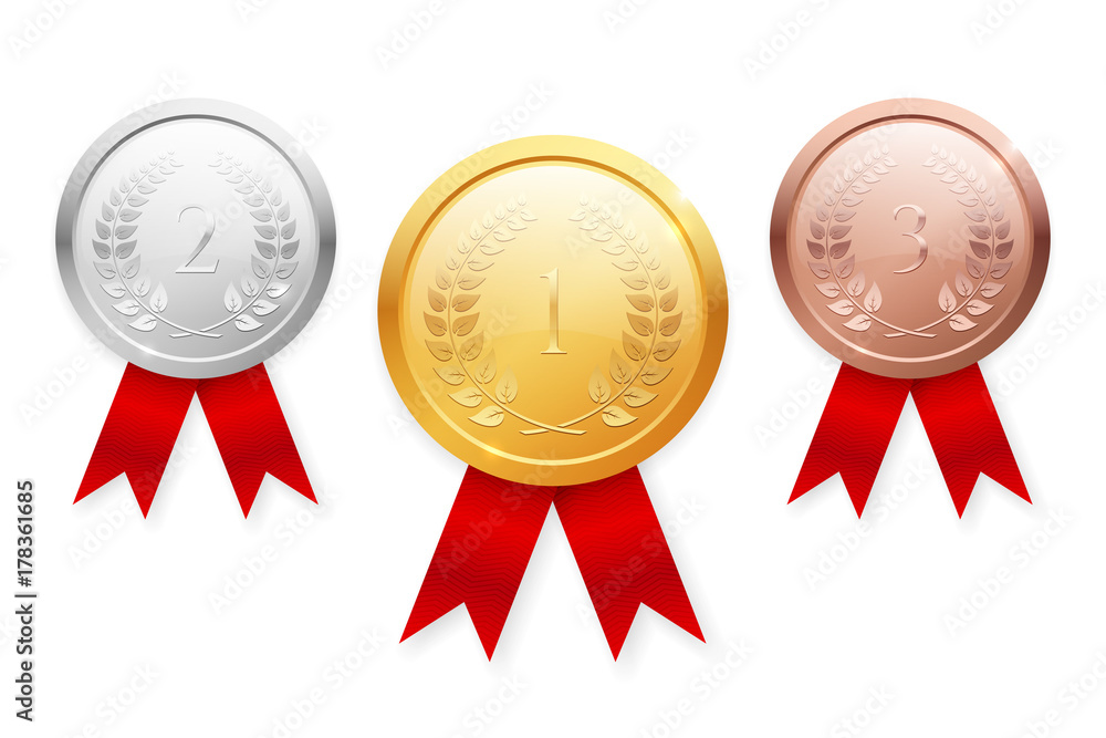 Shiny realistic vector gold, silver and bronze champion medal set with red ribbons Shiny realistic vector gold, silver and bronze champion medal set with red ribbons