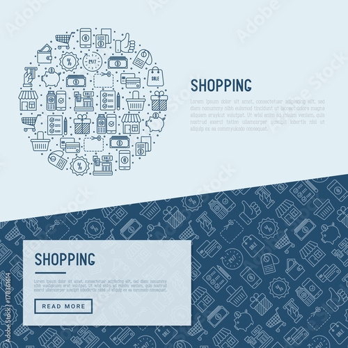 Shopping concept in circle with thin line icons: cashbox, payment, pos terminal, piggy bank, sale, currency, credit card, trolley. Template for web page of online shop. Vector illustration.