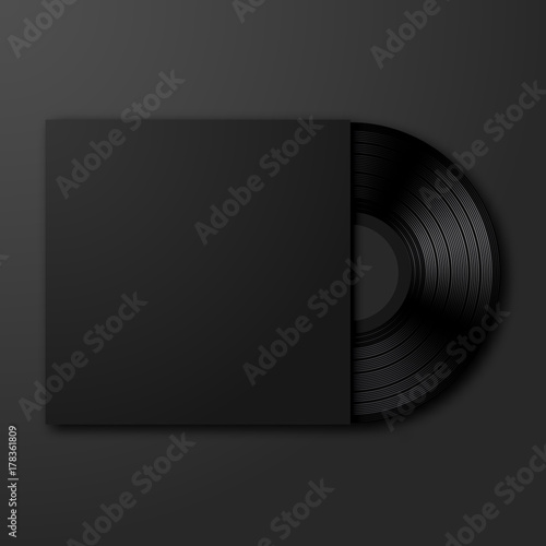 Vector vinyl record on black background. Stylish vinyl with black blank empty cover mockup template with copyspace for your design. photo