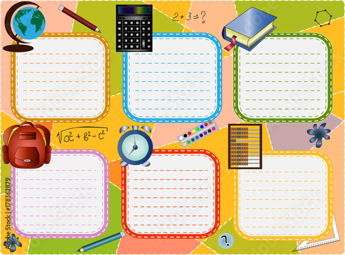 School schedule for six days with school supplies on a multi-colored background