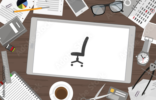 Schreibtisch mit Tablet - Stuhl
