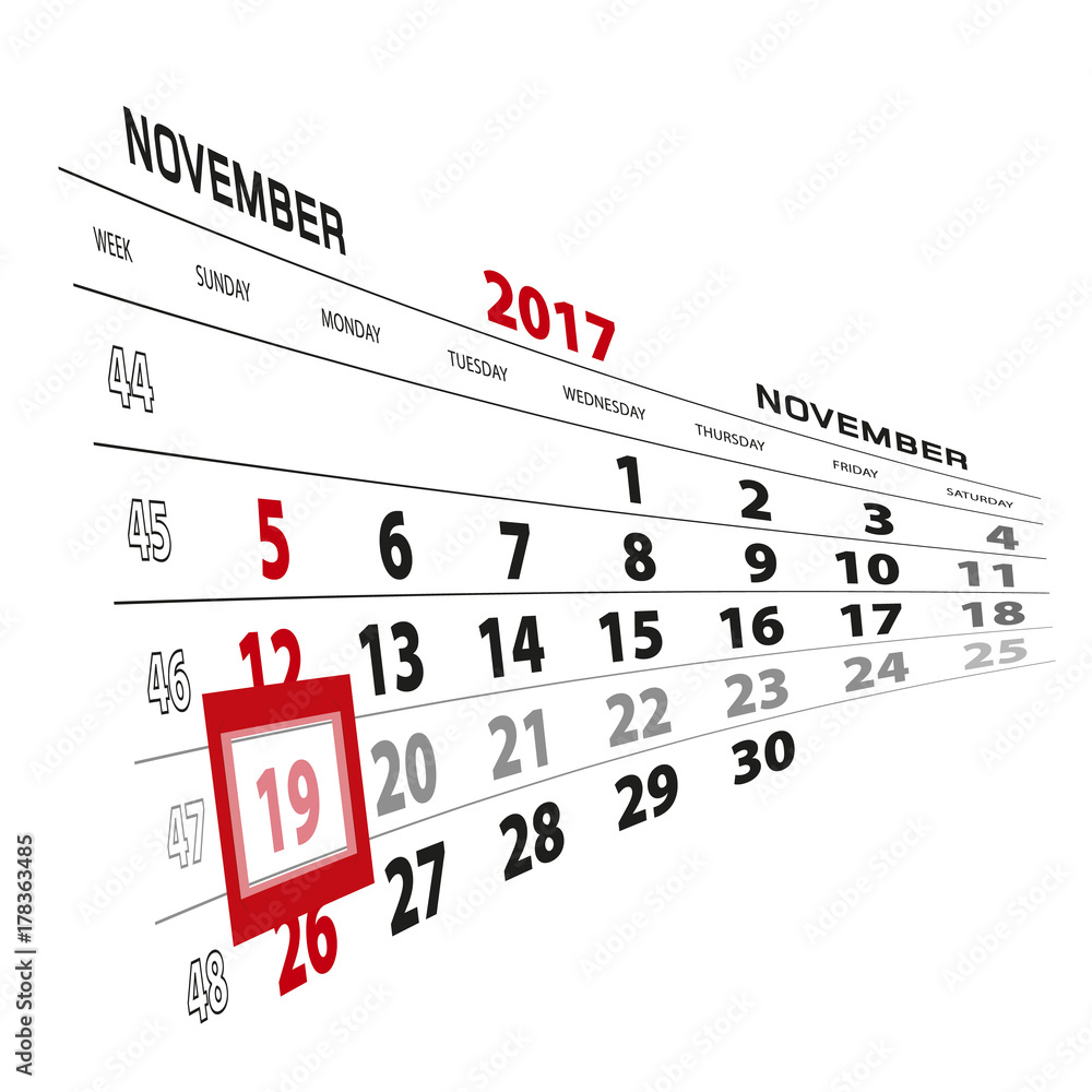 November 19 Highlighted On 17 Calendar Week Starts From Sunday Stock Vector Adobe Stock