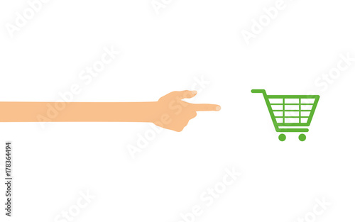Hand tippt auf Smartphone mit App - Einkaufswagen