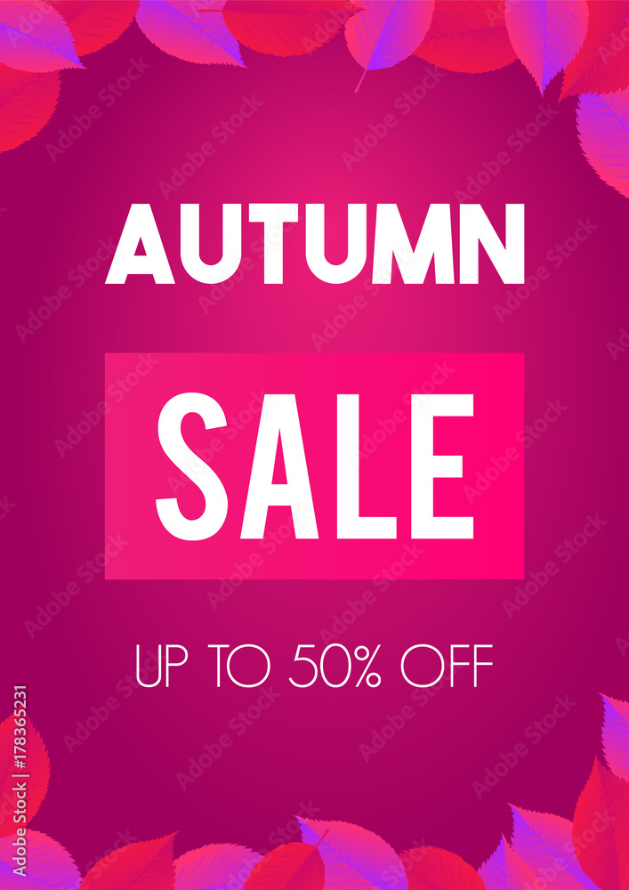 Autumn sale background layout decorate with leaves for shopping sale or promo poster and frame leaflet or web banner.Vector illustration template. Violet, purple, pink and fuchsia discount flyer.