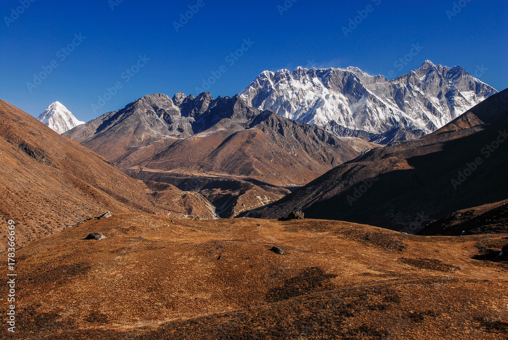 Nepal valley before Nuptse Everest Lhotse peaks