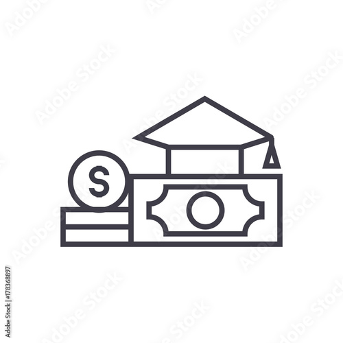 graduation cap, diploma and money concept vector thin line icon, sign, symbol, illustration on isolated background