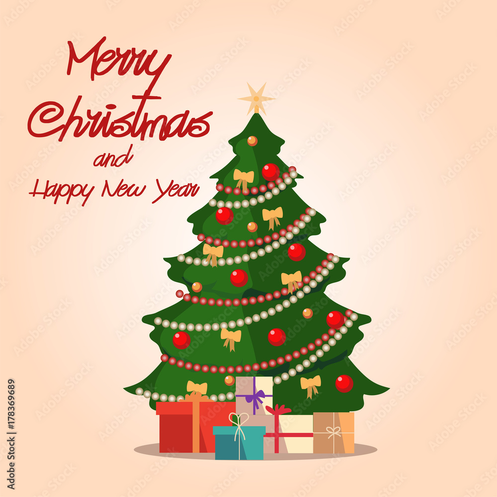 Fototapeta premium Merry Christmas and happy new year greeting card with decorated Christmas tree, vector illustration