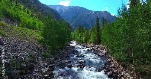 White-Water Creek Surrounded By Green Pines - Approaching Aerial View - Ten Mile Creek, Colorado, USA