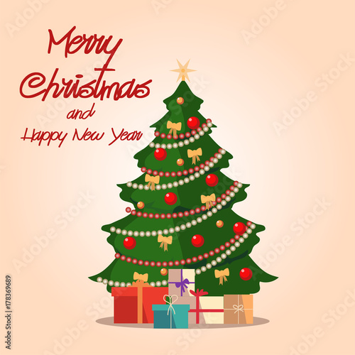 Merry Christmas and happy new year greeting card with decorated Christmas tree  vector illustration