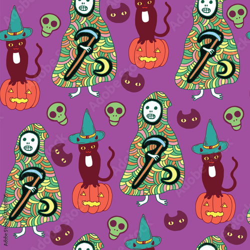 Halloween seamless pattern with cat  pumpkin  death  reaper on violet background. Vector illustration