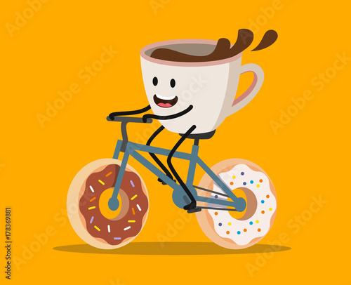 Cup of coffee riding bicycle