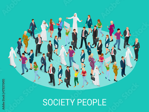 Society isometric background with people of different occupations. People meeting, discussing, planning, brainstorming at the blackboard