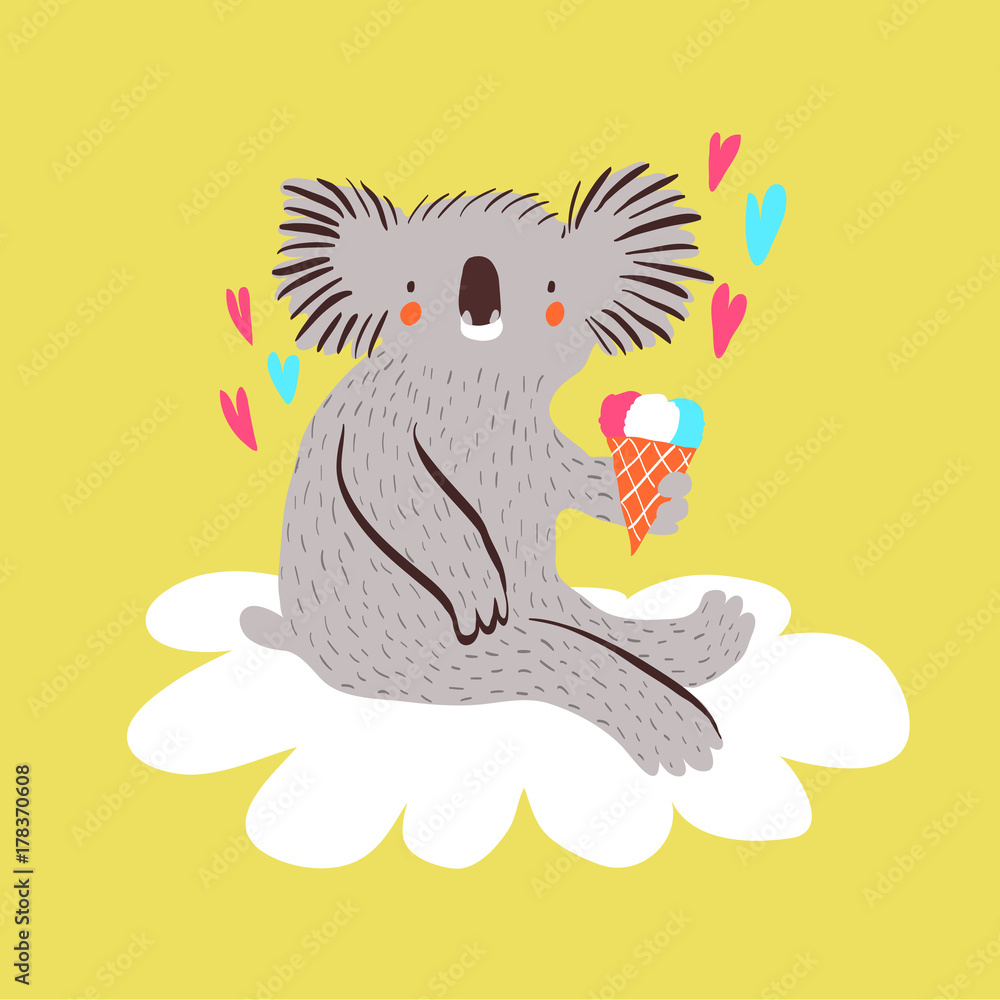 Naklejka premium Słodkie dziecko koala z lodami siedzi na chmurze. Ilustracja kreskówka wektor.