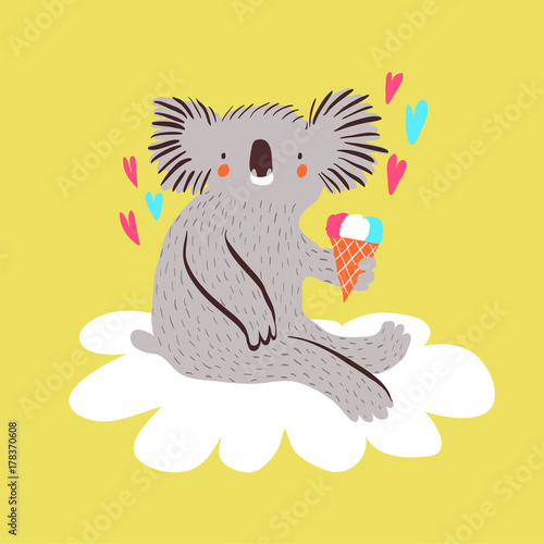 Fototapeta Naklejka Na Ścianę i Meble -  Cute baby koala with ice cream sitting on a cloud. Cartoon vector illustration.
