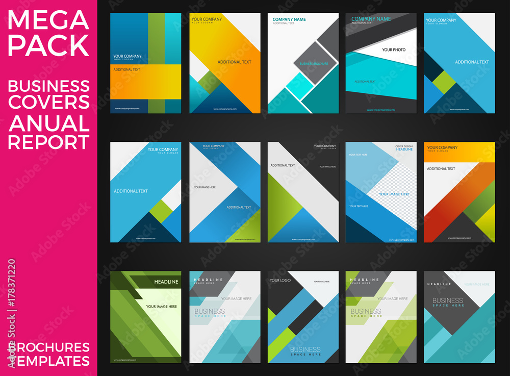 Mega Pack of Business Annual Report Brochure Templates, Squares, Lines, Triangles, Waves Eps 10