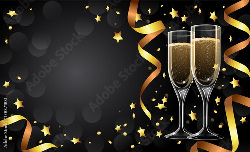 Festive greeting card design template with golden ribbons, champagne glasses, copy space vector illustration. Christmas, New Year, Anniversary, Wedding invitation, banner or flyer template