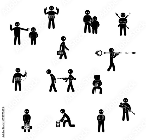 Terrorism concept. Set of terrorist people. World threat. Vector illustration