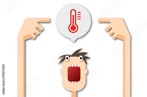 Cartoon Mann zeigt auf Sprechblase - Thermometer - warm