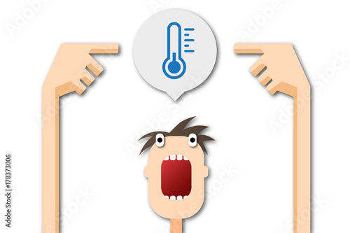 Cartoon Mann zeigt auf Sprechblase - Thermometer - kalt