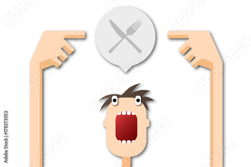 Cartoon Mann zeigt auf Sprechblase - gekreuztes Besteck