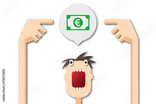 Cartoon Mann zeigt auf Sprechblase - Geldschein - Euro