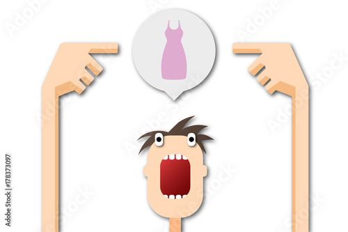 Cartoon Mann zeigt auf Sprechblase - Abendkleid