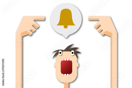 Cartoon Mann zeigt auf Sprechblase - Glocke