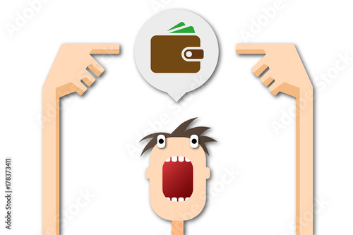 Cartoon Mann zeigt auf Sprechblase - Geldbeutel