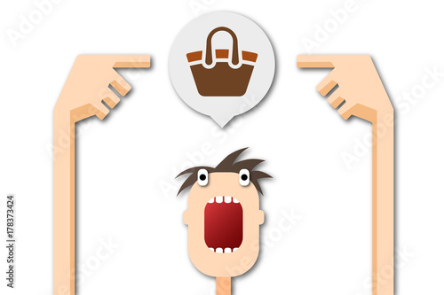 Cartoon Mann zeigt auf Sprechblase - Handtasche