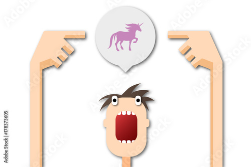 Cartoon Mann zeigt auf Sprechblase - Einhorn