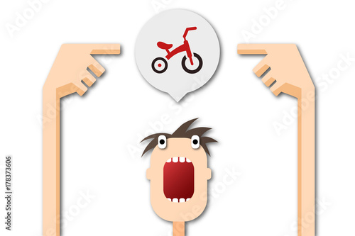 Cartoon Mann zeigt auf Sprechblase - Dreirad