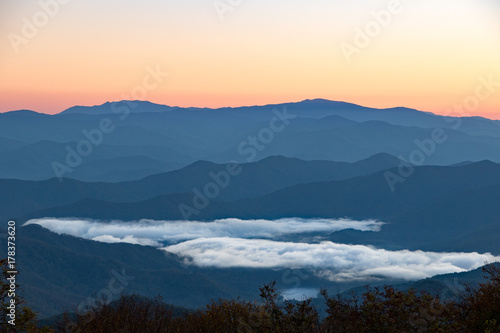 Appalachian mountains with lake and clouds in valley