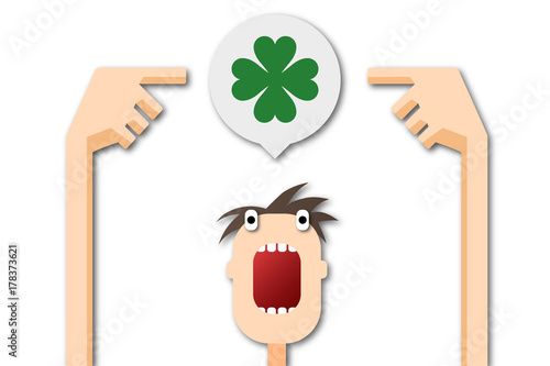 Cartoon Mann zeigt auf Sprechblase - Kleeblatt