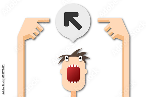 Cartoon Mann zeigt auf Sprechblase - Pfeil - links oben