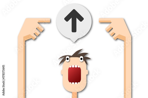 Cartoon Mann zeigt auf Sprechblase - Pfeil - oben