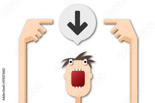 Cartoon Mann zeigt auf Sprechblase - Pfeil - unten