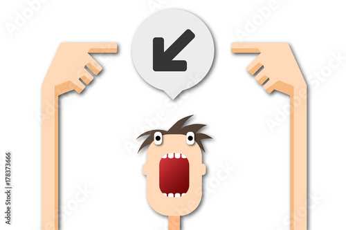 Cartoon Mann zeigt auf Sprechblase - Pfeil - unten links