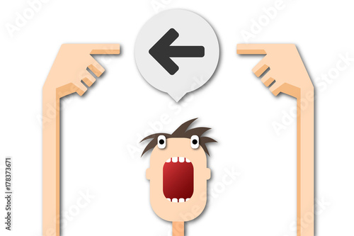 Cartoon Mann zeigt auf Sprechblase - Pfeil - links