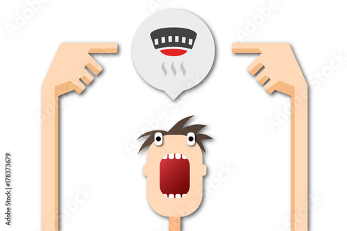 Cartoon Mann zeigt auf Sprechblase - Feuermelder