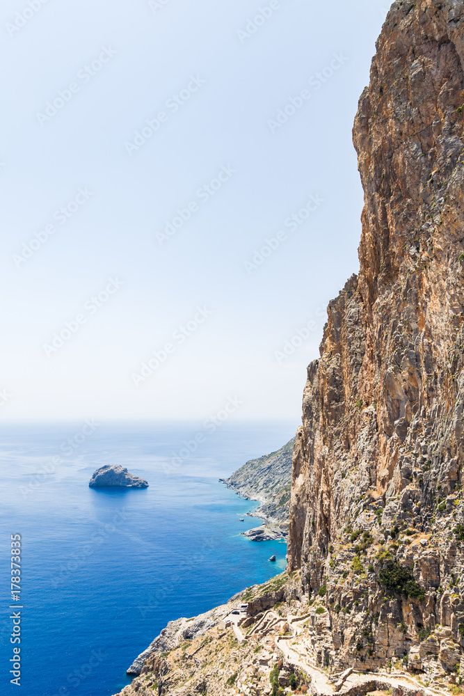 Breathtaking view toward the sea from Panagia Hozoviotissa monastery in Amorgos island. Cyclades, Greece.
