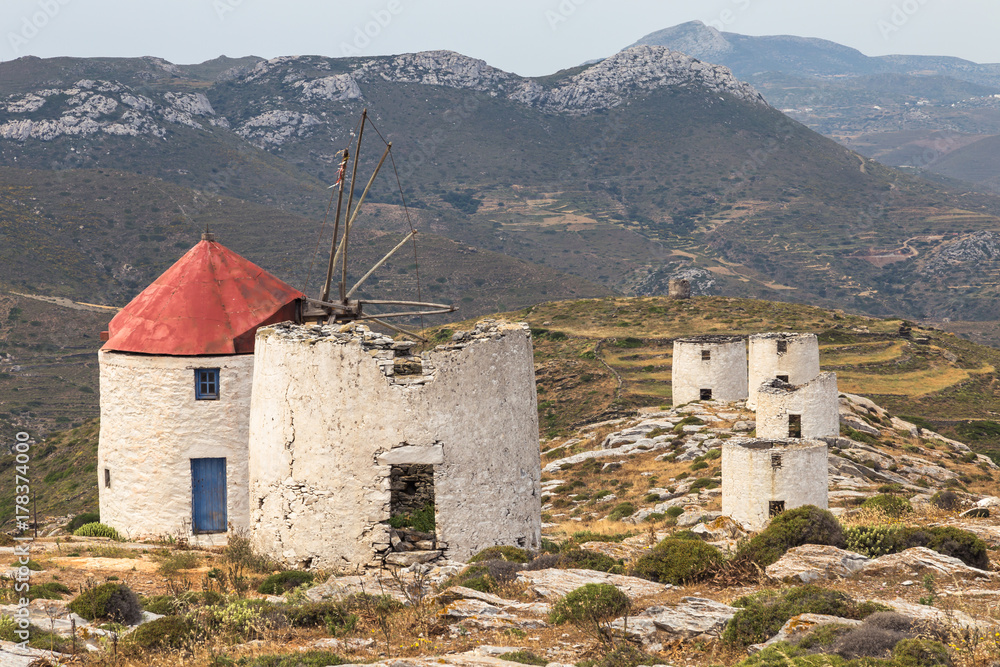 Windmills of Amorgos Island in Greece, Cyclades.