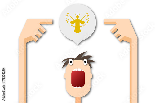 Cartoon Mann zeigt auf Sprechblase - Engel