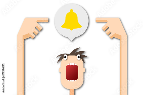 Cartoon Mann zeigt auf Sprechblase - Glocke - läuten