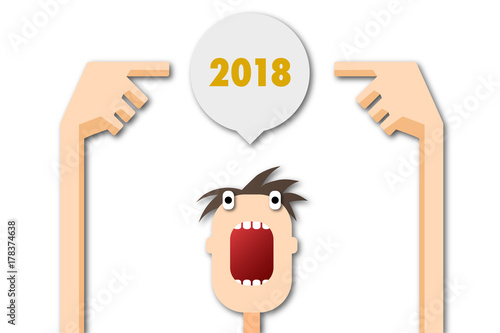 Cartoon Mann zeigt auf Sprechblase - 2018