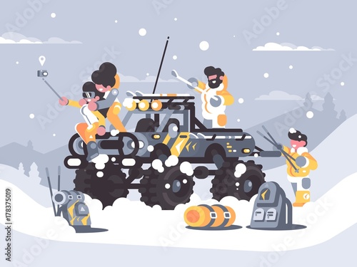 Friends rest in winter in mountains