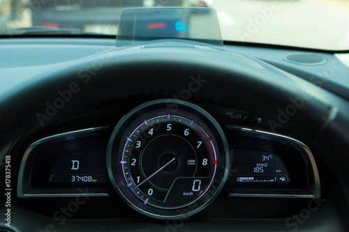 Close up of speedometer car.