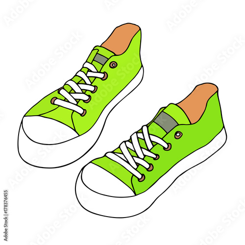 Green sneakers. Summer foot wear. Hand drawn vector artistic sketch. Isolated on white background